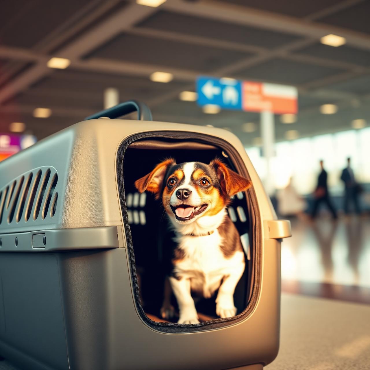 Cachorro pronto para viagem internacional em transportadora no aeroporto